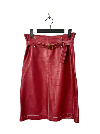 Jupe vintage mi-longue en cuir bordeaux – Taille 38