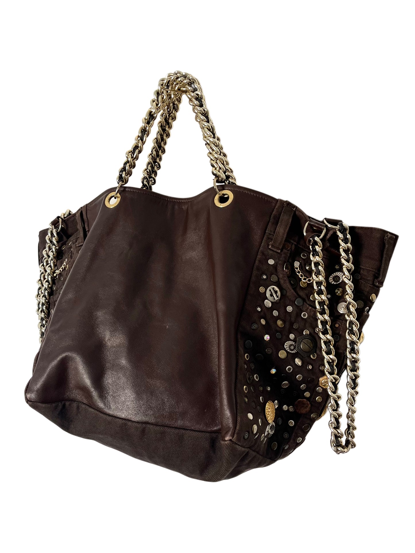 Grand sac bi-matière cuir & denim clouté — Très bon état — Format XL