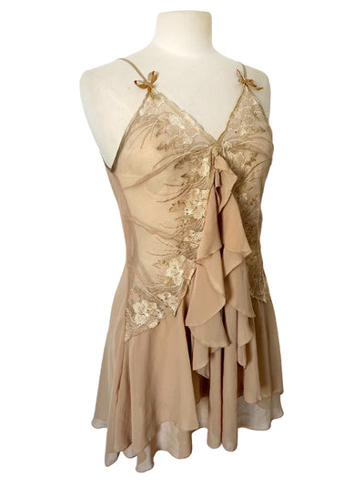 Robe Style Lingerie en Mousseline Beige — 34/36 (XS/S) — Dentelle, Strass & Dos Corset — Style Coquette / Fairycore Y2K