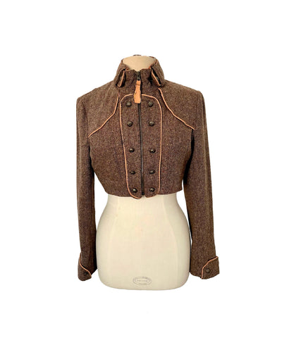 Veste vintage courte style officier en laine mouchetée – Taille L