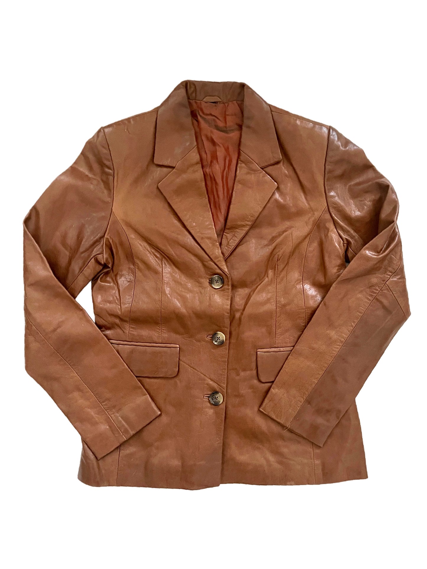 Monica – Veste blazer vintage en cuir véritable lisse noisette, taille 38