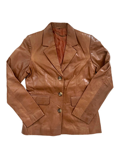 Monica – Veste blazer vintage en cuir véritable lisse noisette, taille 38