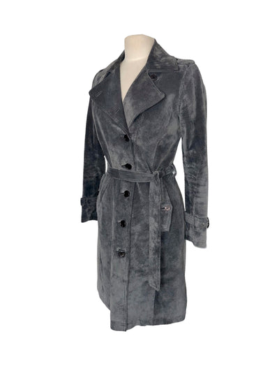 Manteau vintage long en cuir gris souris – Taille 38/40
