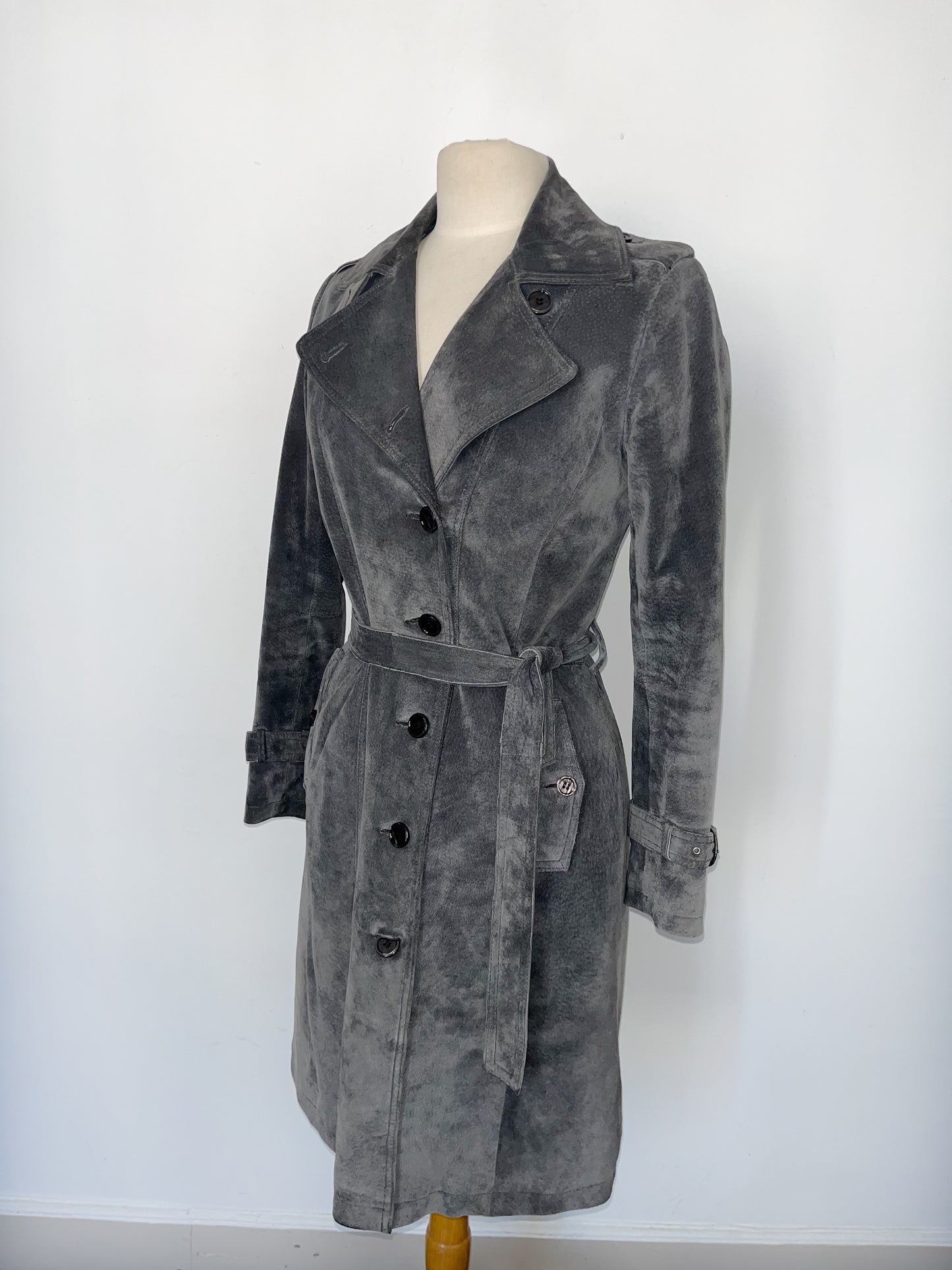 Manteau vintage long en cuir gris souris – Taille 38/40