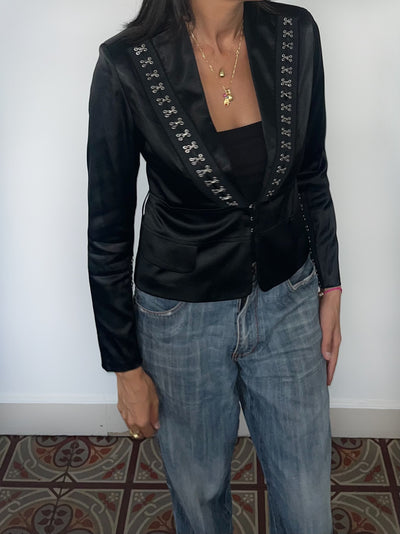 Veste habillée noire en satin avec crochets style corset – Made in Italy – Taille 38/40