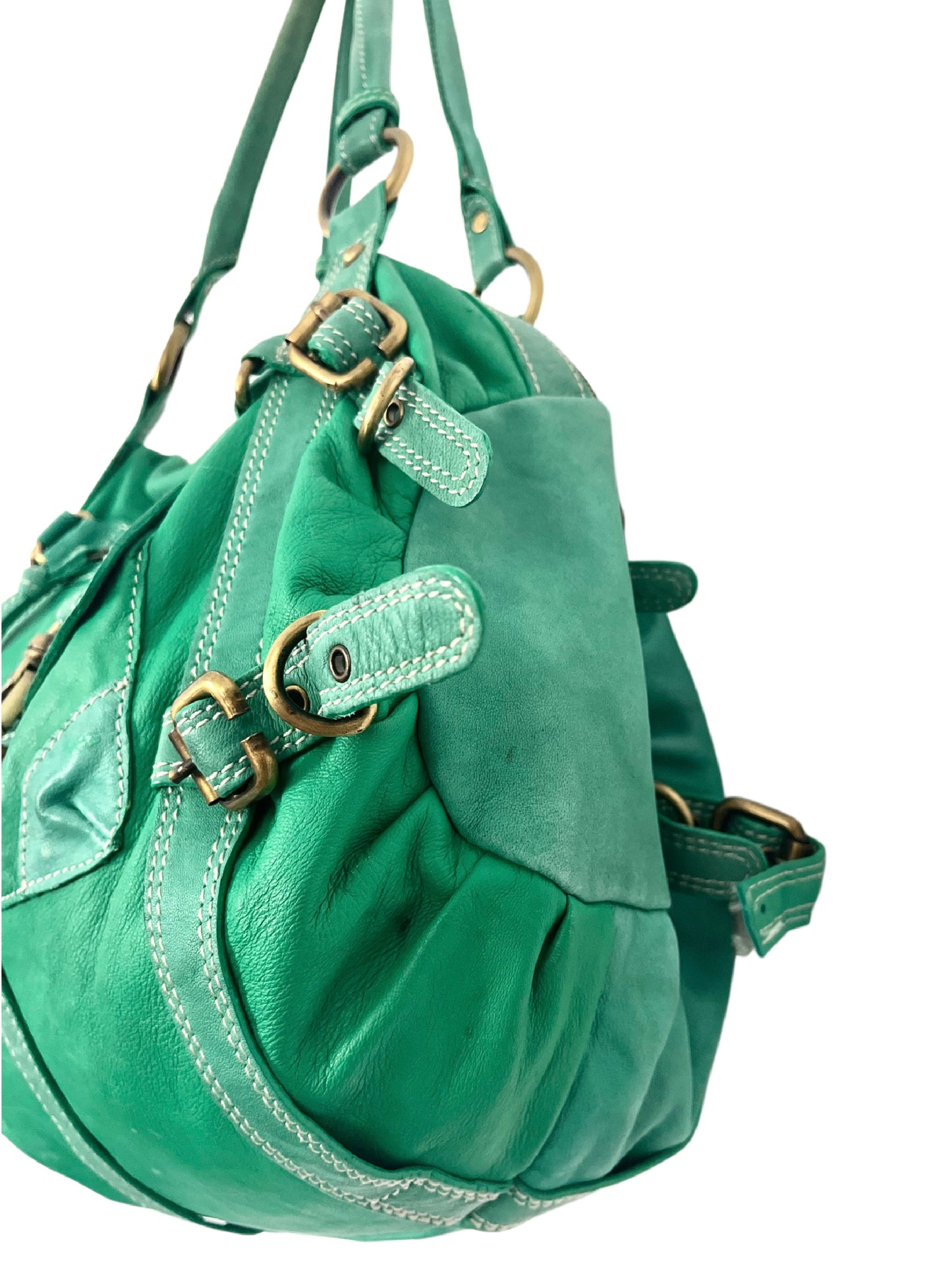 Sac à Main Fourre-Tout en Cuir Vert Turquoise — Format Medium — Style Vintage / Bohème