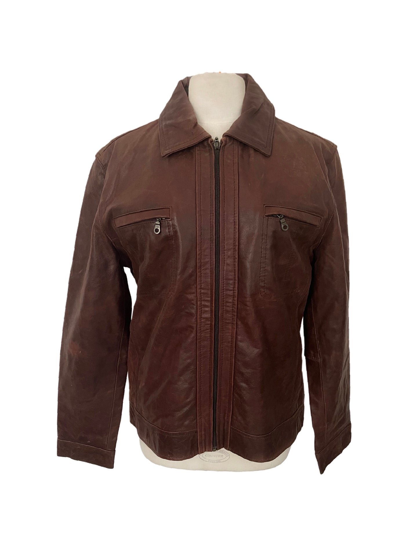 John – Veste vintage unisexe en cuir véritable marron patiné, taille XL