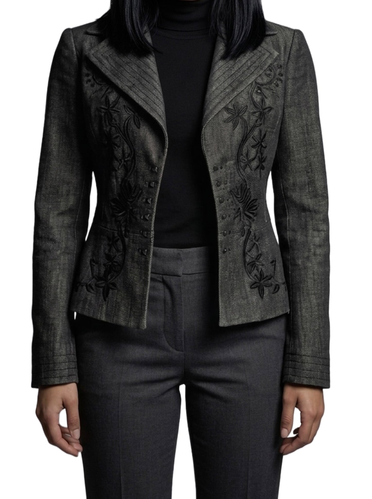 Veste vintage cintrée grise à broderies florales - Coupe structurée - 38/M