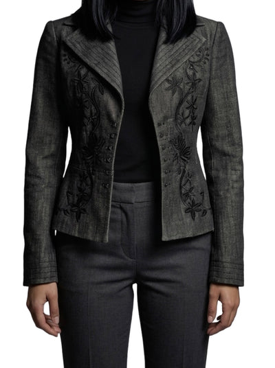 Veste vintage cintrée grise à broderies florales - Coupe structurée - 38/M