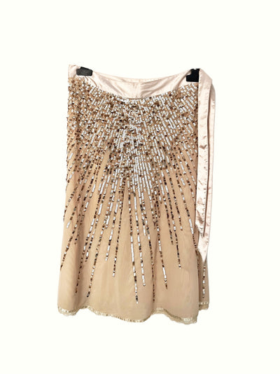 Jupe fluide mi-longue vintage – broderies et sequins dorés – T38