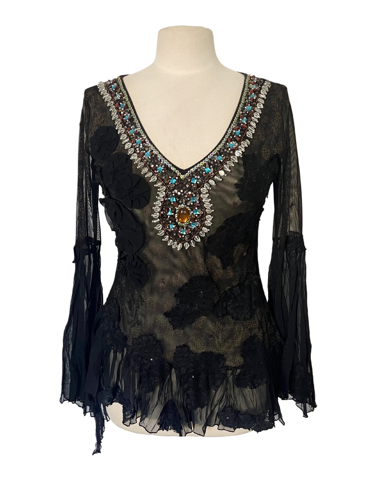 Top Vintage Asymétrique Mesh & Broderies Perlées - Bohème Chic - Taille 38/40 (M)