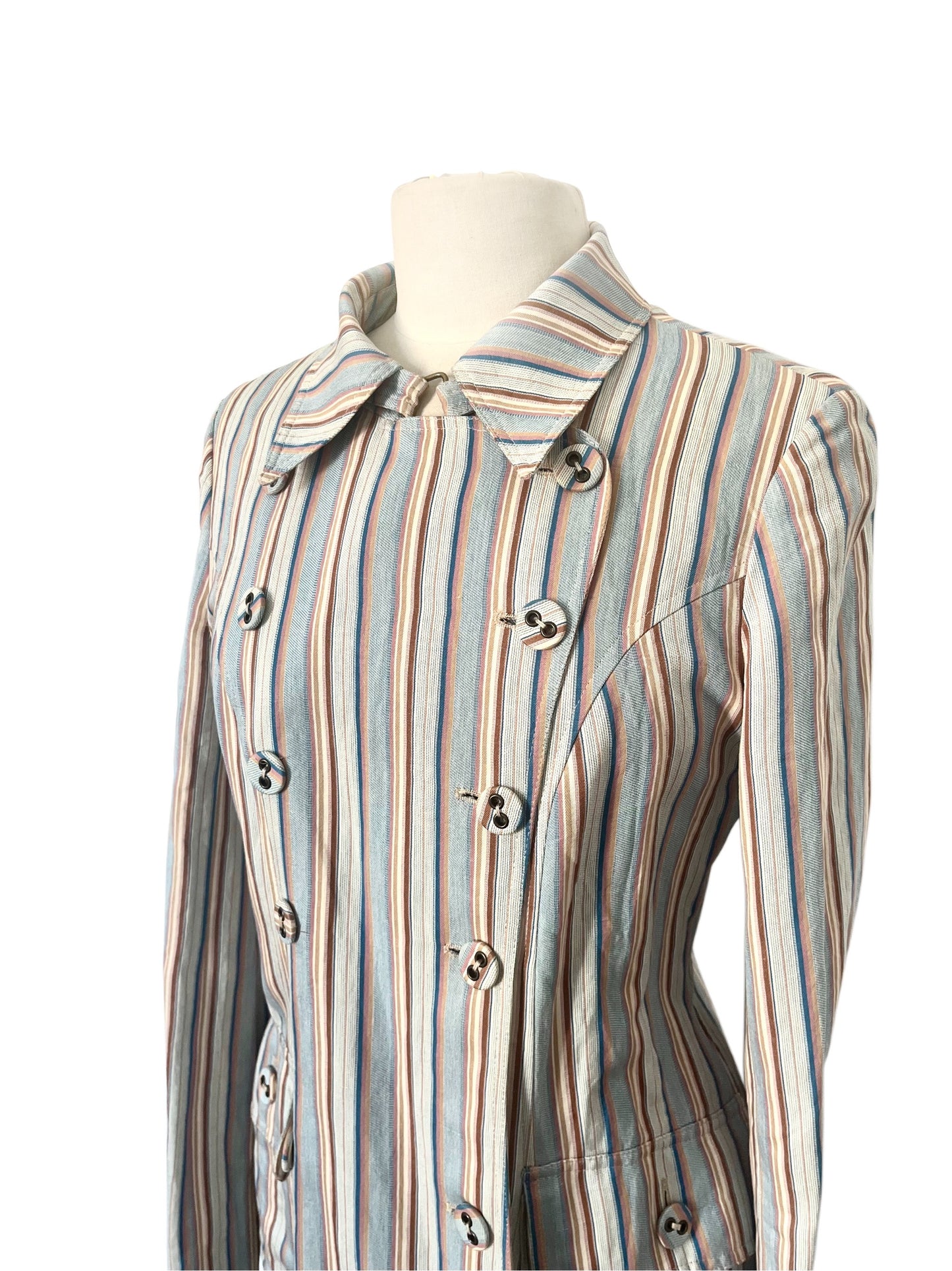 Manteau Long Léger à Rayures Pastel et Col Structuré — taille 38/40 — bohème chic / créateur