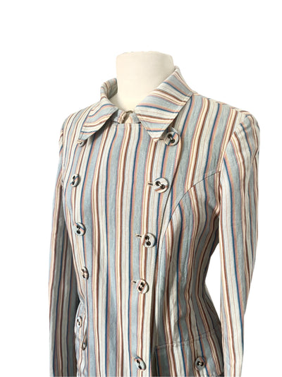 Manteau Long Léger à Rayures Pastel et Col Structuré — taille 38/40 — bohème chic / créateur