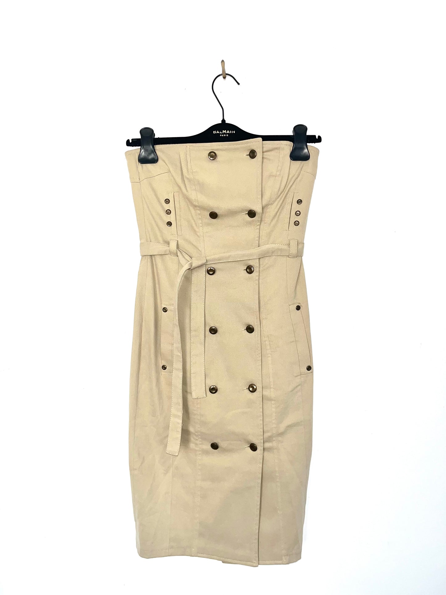 Robe bustier vintage beige – mi-longue, ceinture intégrée, détails dorés – T36