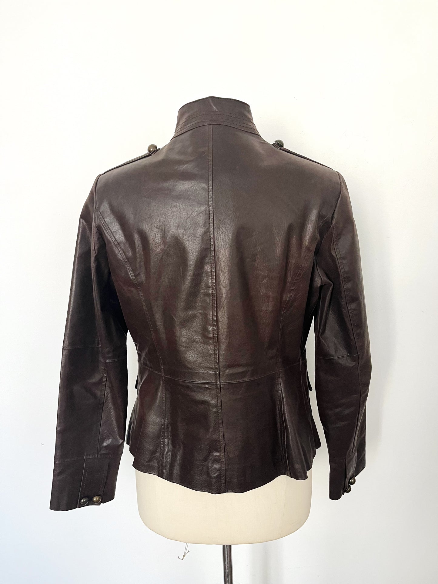 Veste vintage en cuir véritable marron style officier – Taille 40