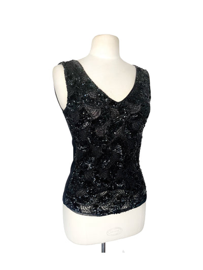 Top vintage en mesh noir brodé sequins et perles – Taille L/40