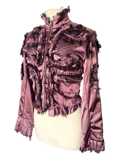 Veste Courte Satin Violet Style Whimsigoth & Détails Effilochés — T. 38 (M) — Made in Italy