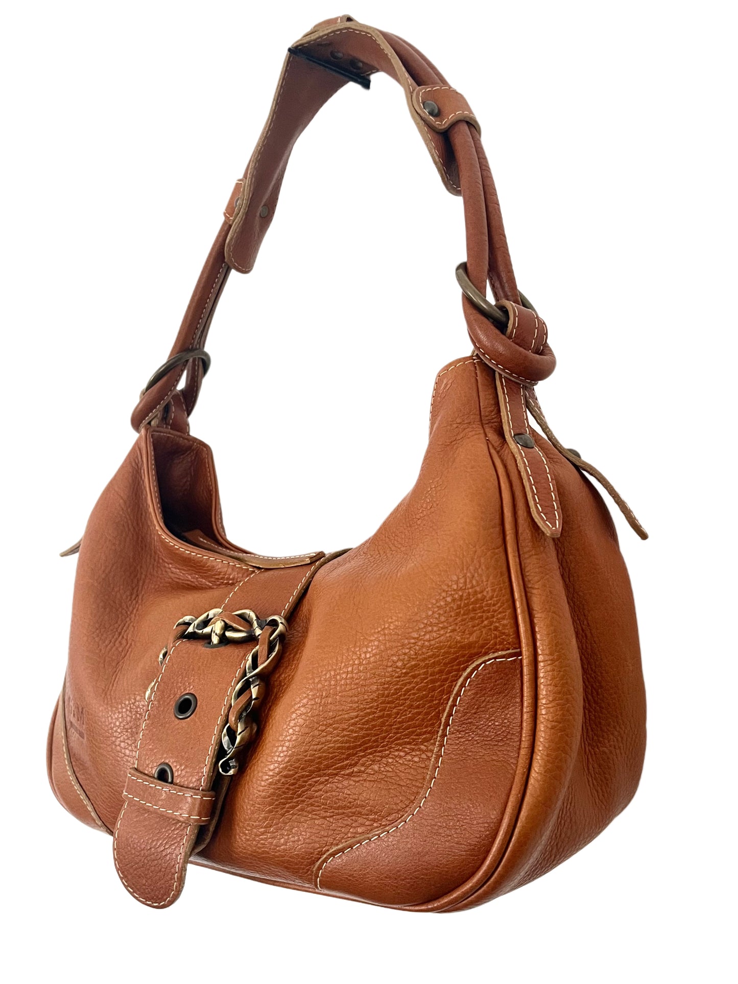 Sac Demi-Lune Vintage en Cuir Grainé Camel — (Made in Italy) — Format Medium