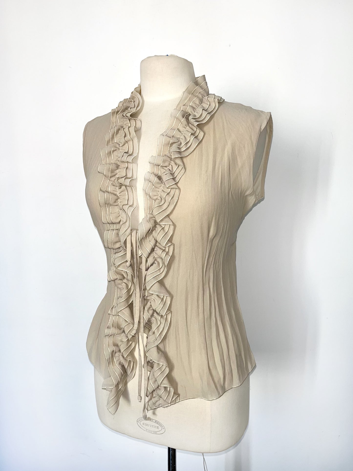 Top vintage sans manches beige taupe à volants – Taille 42