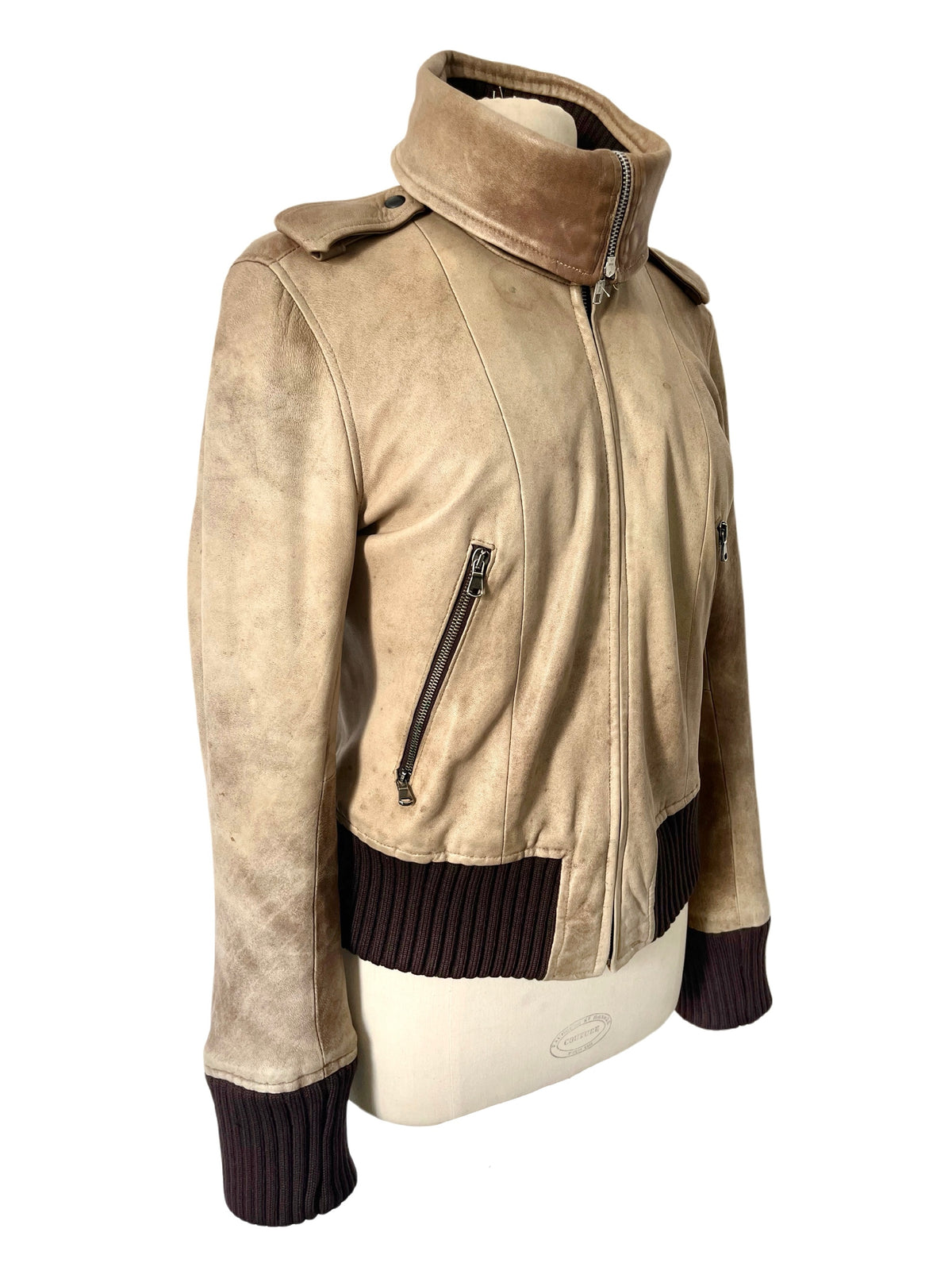 Blouson Aviateur Vintage Cuir Beige Patiné Col XXL — T. 40/42 (46 IT) — Made in Italy