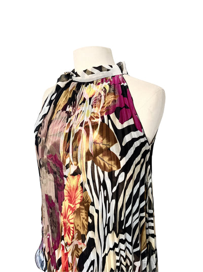Robe plissée asymétrique zèbre & fleurs — Très bon état — Taille Libre / TU