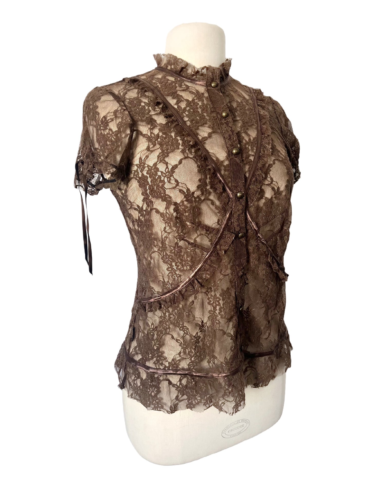 Top Vintage En Dentelle Marron & Biais Satinés — (Made In Poland) — Taille L/40