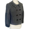 Veste Courte Style Caban Gris Anthracite Col Claudine & Poignets Gemmes Noires — T. 38