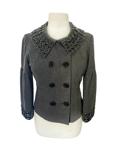 Veste Courte Style Caban Gris Anthracite Col Claudine & Poignets Gemmes Noires — T. 38