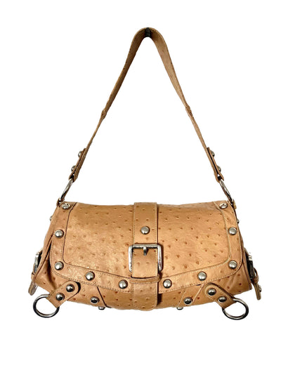 SAC BAGUETTE VINTAGE EFFET CUIR D’AUTRUCHE — DÉTAILS RIVETS ARGENTÉS — FORMAT MÉDIUM