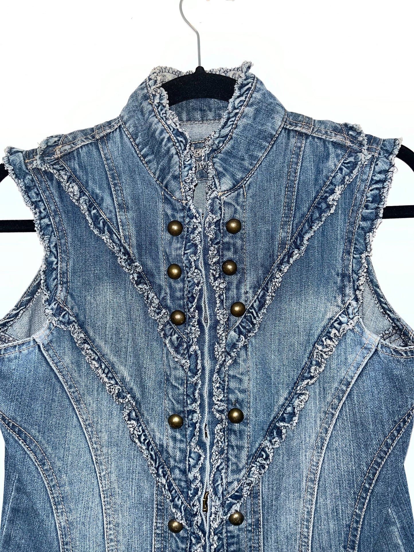Veste vintage sans manches en jean style officier – Taille 36/38