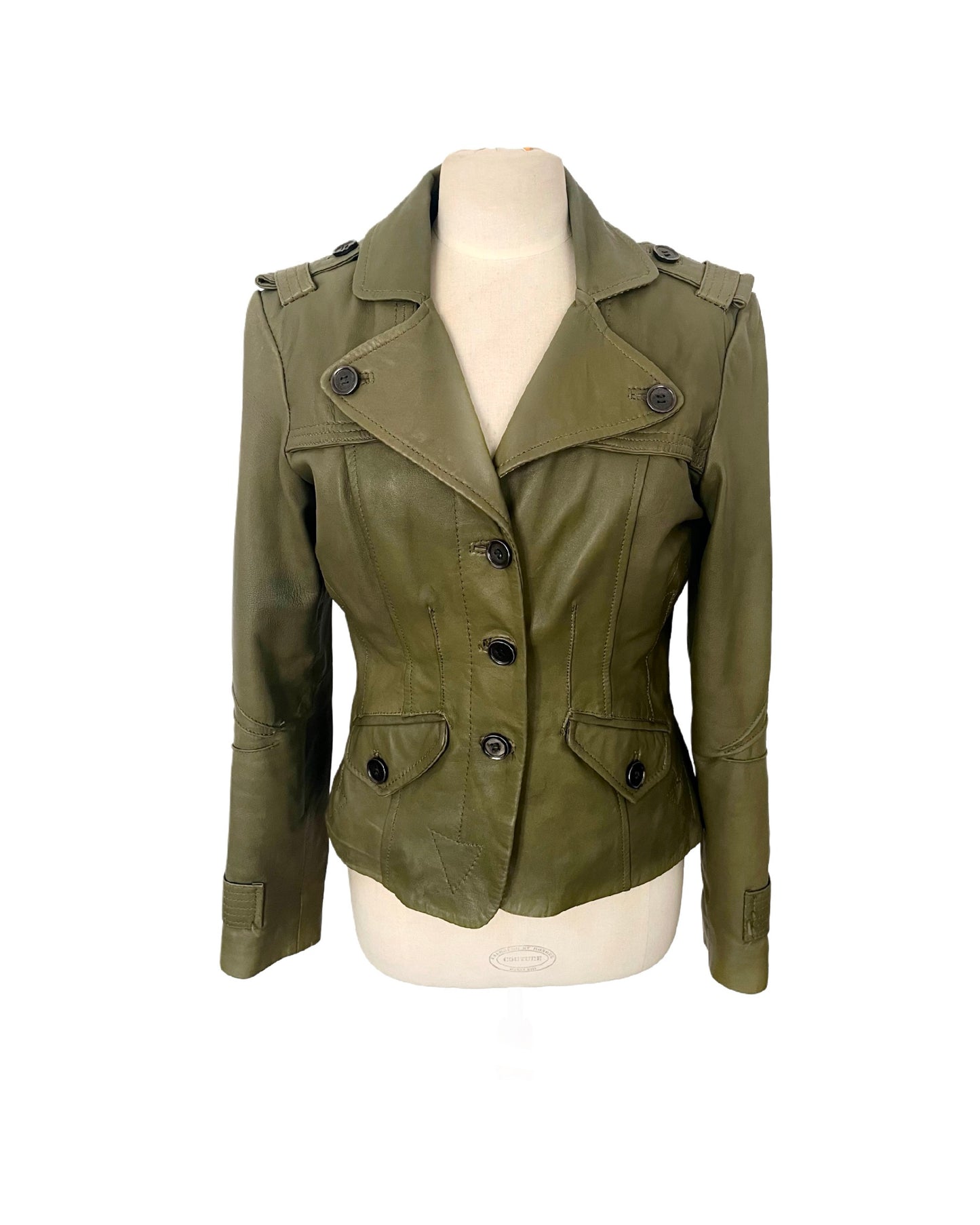 Veste vintage en cuir kaki coupe caban cintré – Taille 40/42