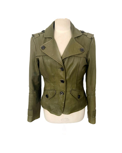 Veste vintage en cuir kaki coupe caban cintré – Taille 40/42