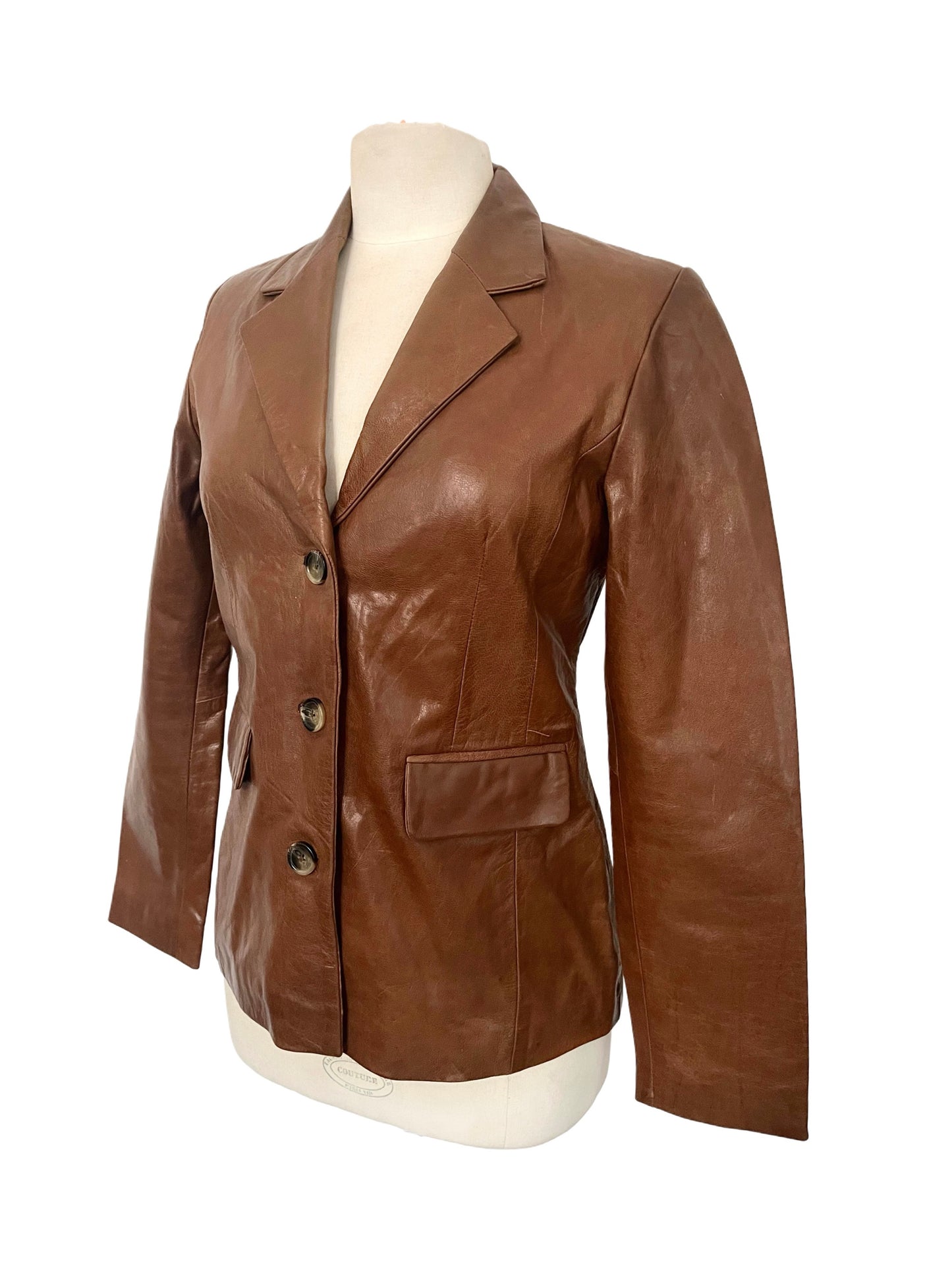 Monica – Veste blazer vintage en cuir véritable lisse noisette, taille 38