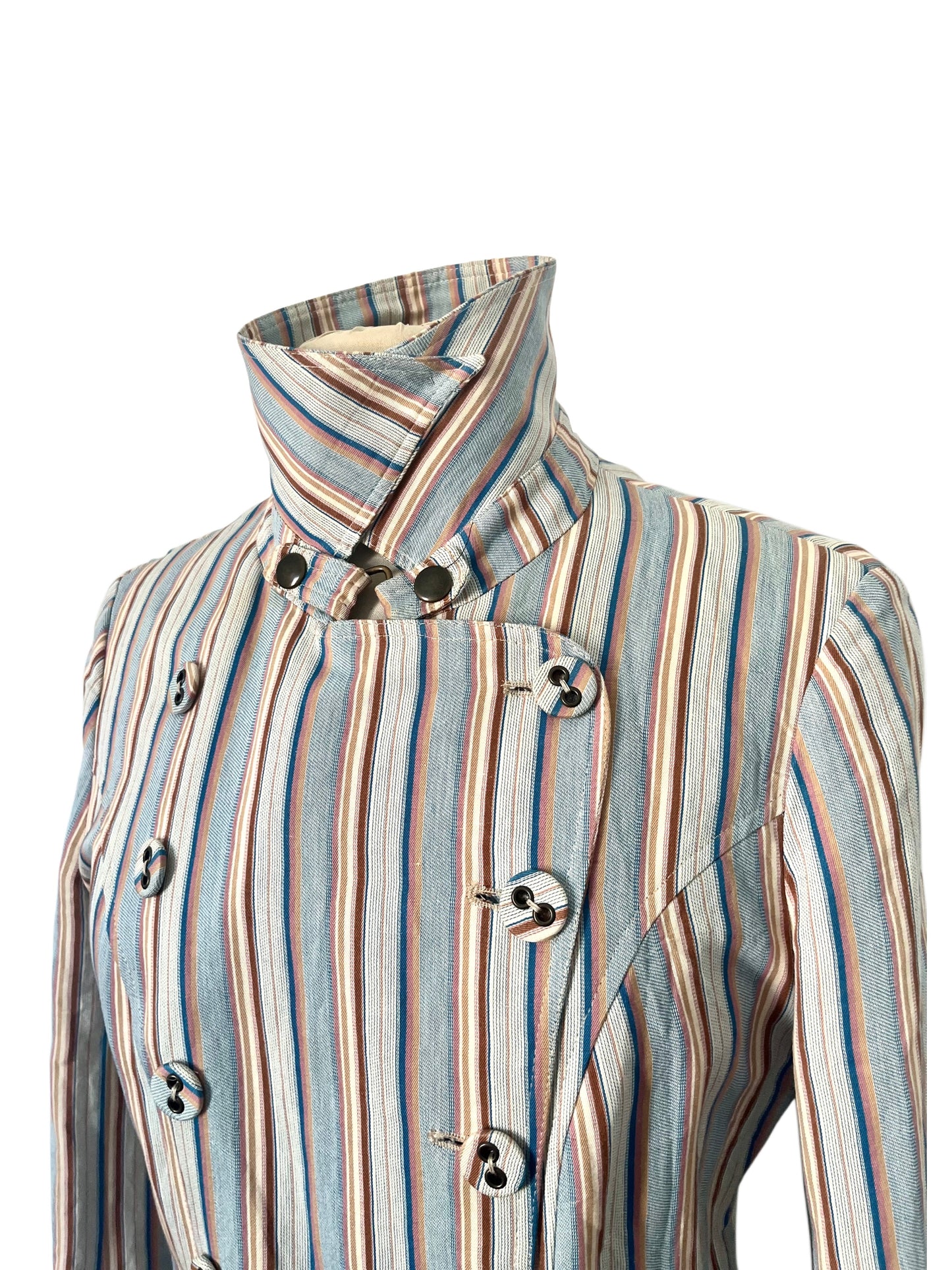 Manteau Long Léger à Rayures Pastel et Col Structuré — taille 38/40 — bohème chic / créateur