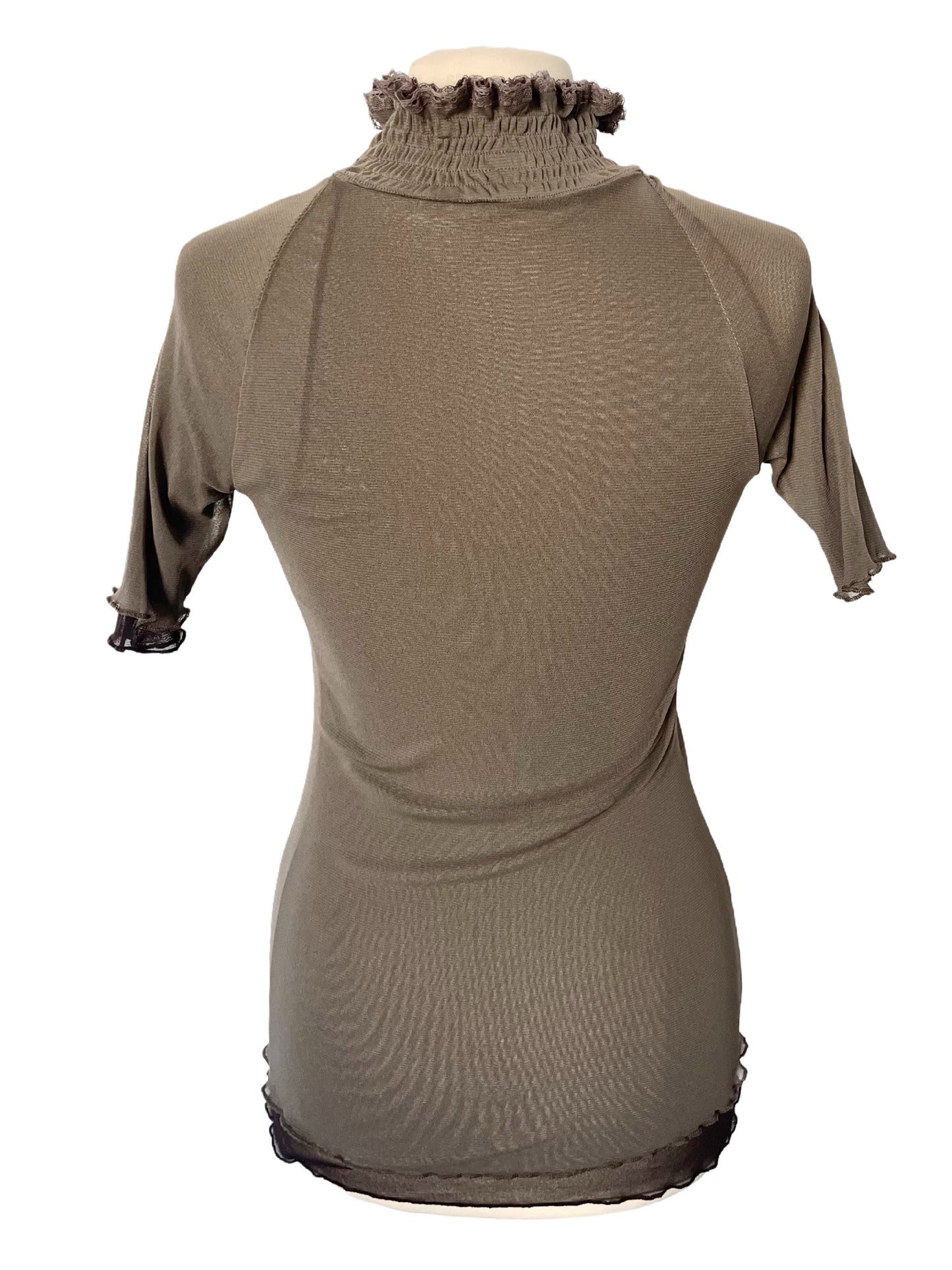 Top vintage en mesh taupe & marron à col montant smocké — (Made in Italy) — taille 38/40