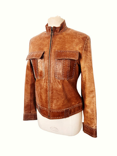 Veste vintage en cuir véritable camel – surpiqûres & doublure irisée – T38