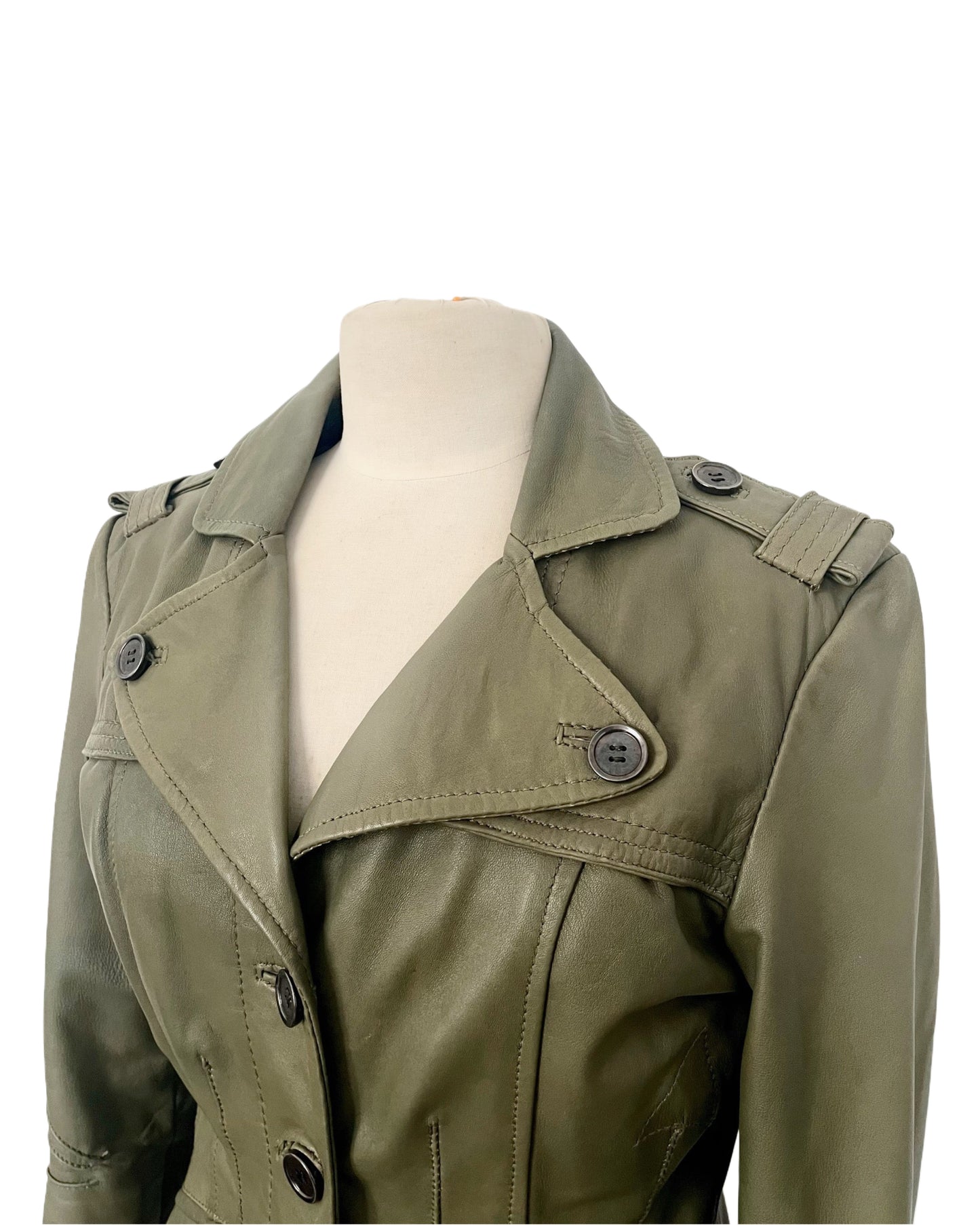 Veste vintage en cuir véritable kaki – Coupe caban cintrée – Taille 40/42
