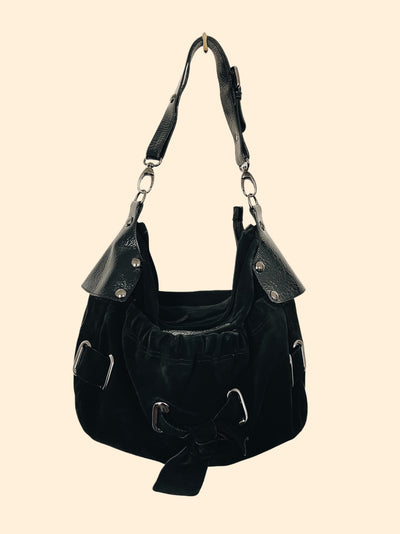 Sac à main demi-lune en cuir daim noir & cuir vernis