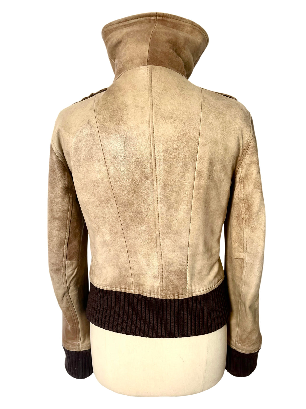 Blouson Aviateur Vintage Cuir Beige Patiné Col XXL — T. 40/42 (46 IT) — Made in Italy