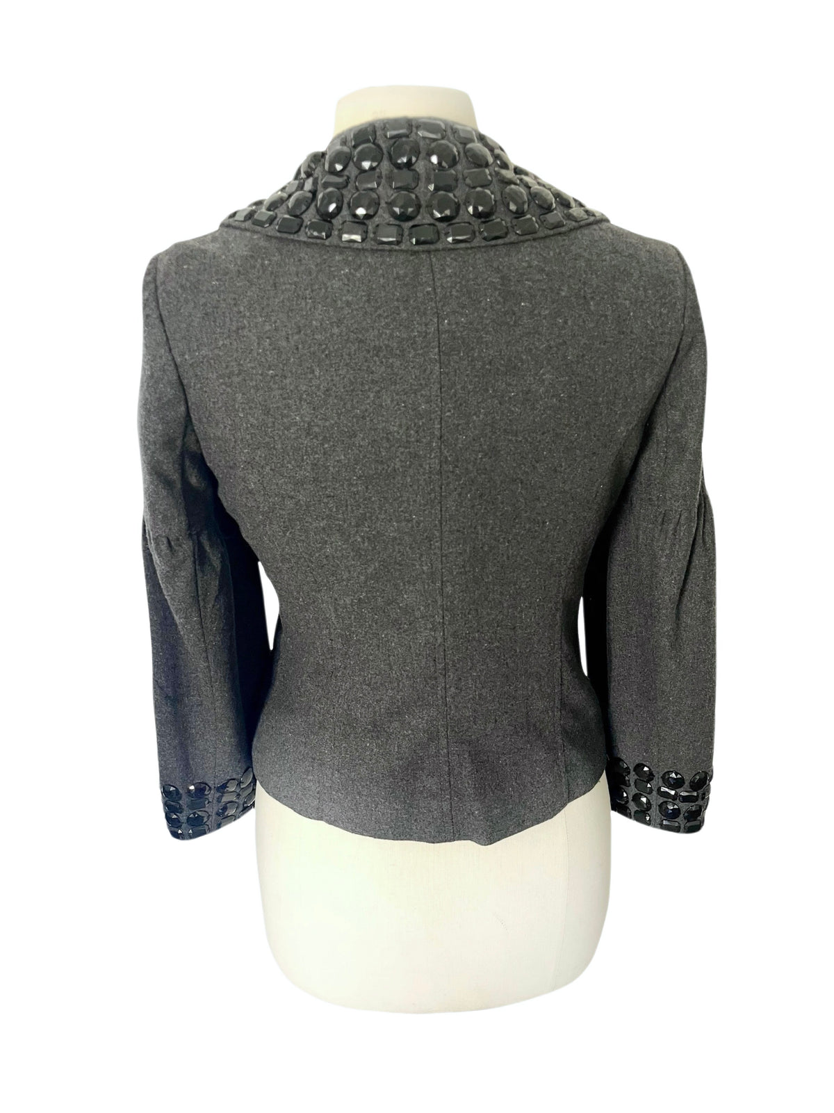 Veste Courte Style Caban Gris Anthracite Col Claudine & Poignets Gemmes Noires — T. 38