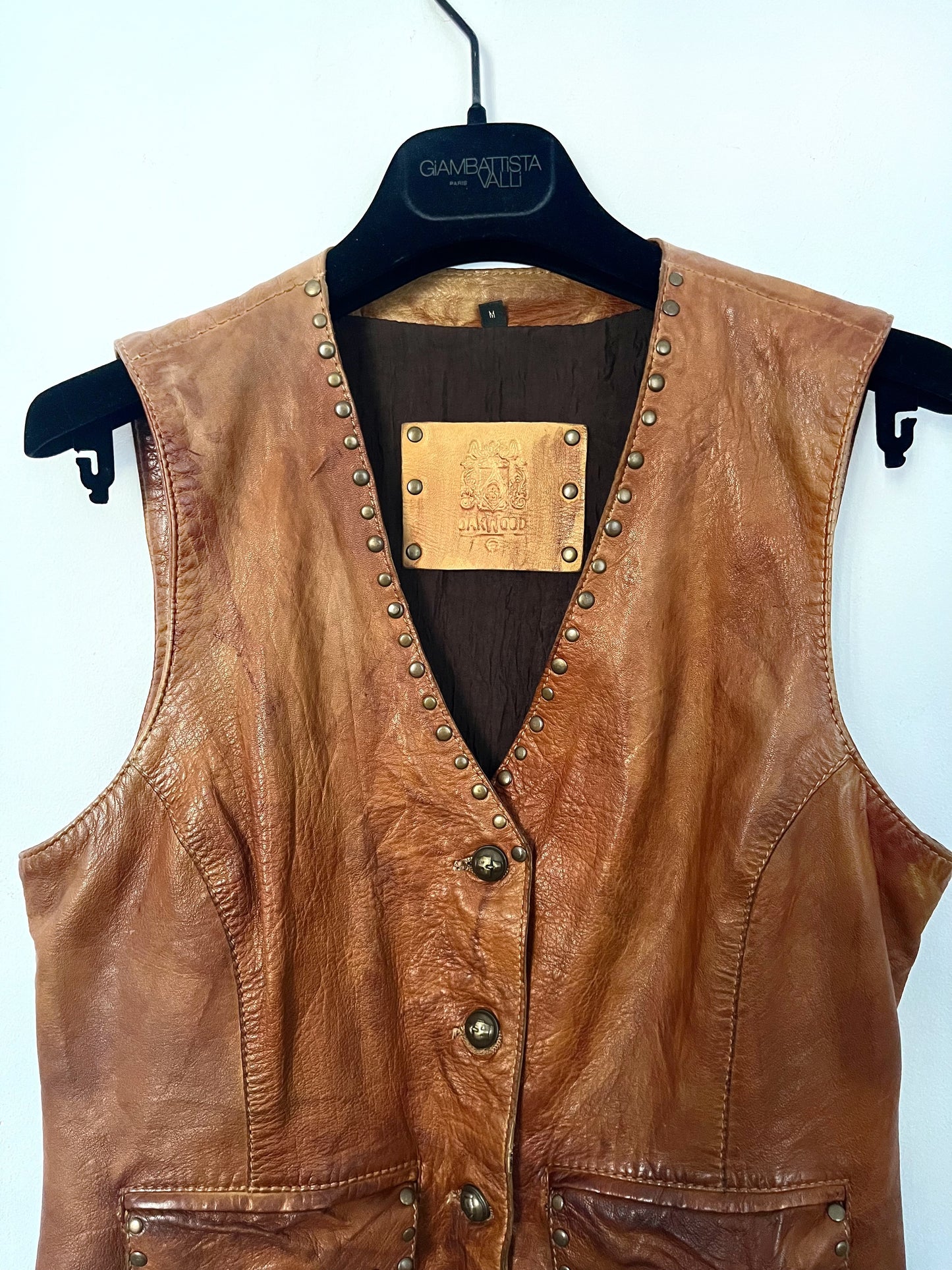 Veston vintage en cuir véritable style western – rivets mordorés – T38