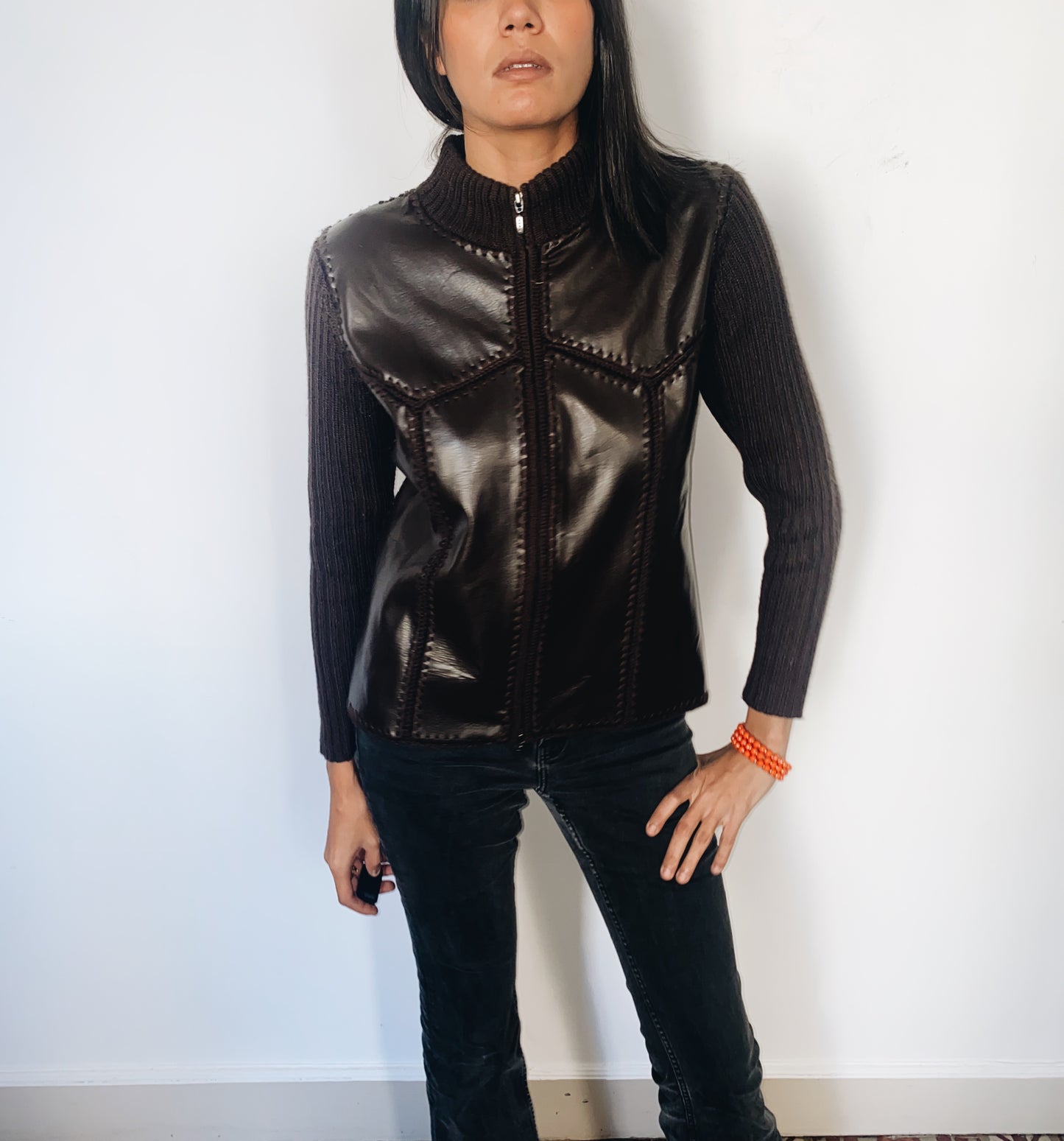 GILET MARRON BI-MATIEÈRE LAINE ET CUIR