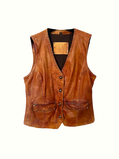 Veston vintage en cuir véritable style western – rivets mordorés – T38