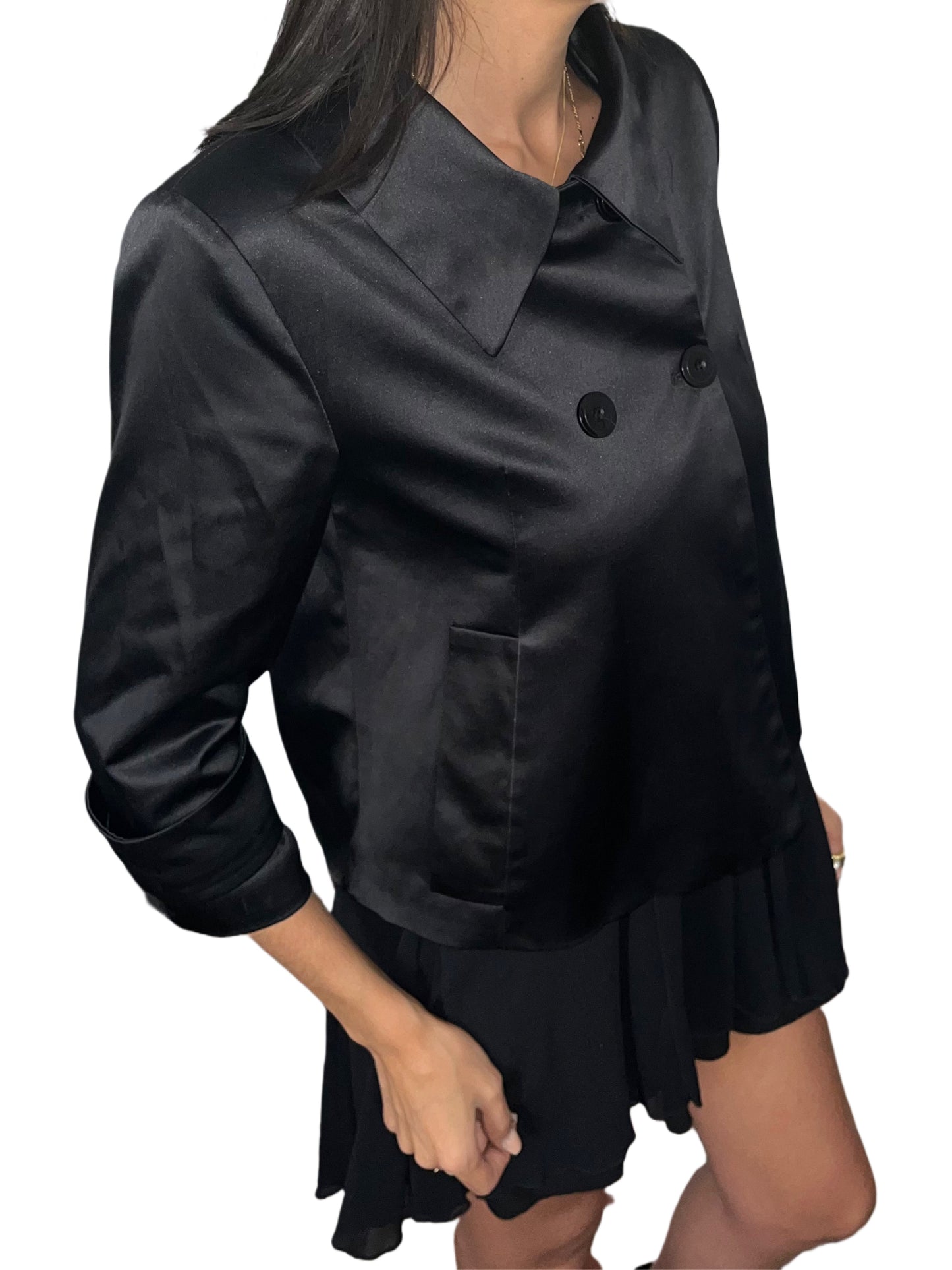 VESTE VINTAGE CABAN COURT EN SATIN NOIR - (MADE IN SPAIN) - TAILLE 38/40