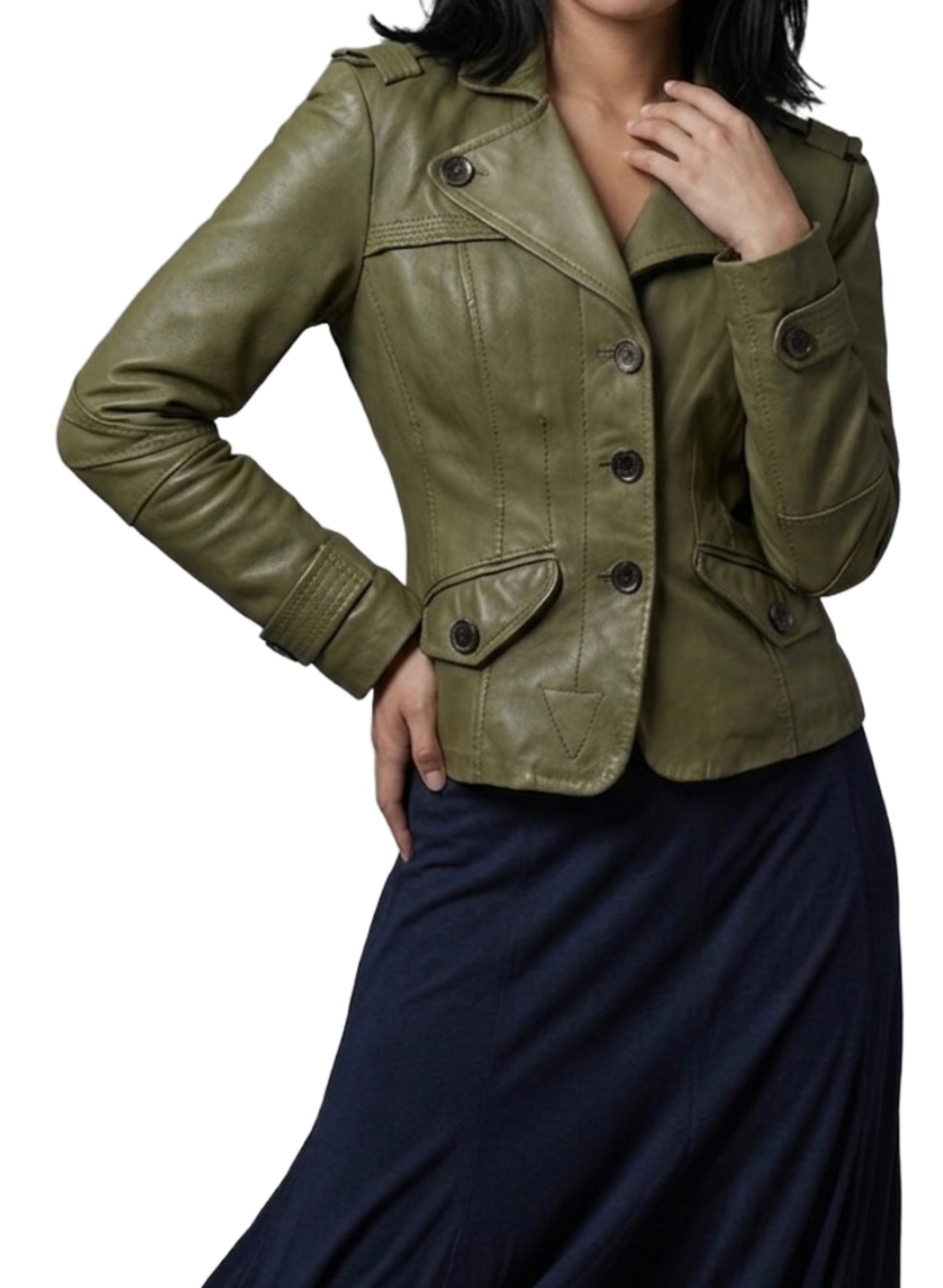 Veste vintage en cuir véritable kaki – Coupe caban cintrée – Taille 40/42