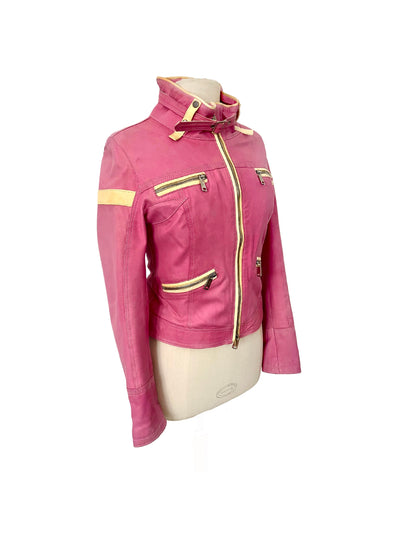 Veste vintage style biker bicolore rose et beige – Taille 38/40