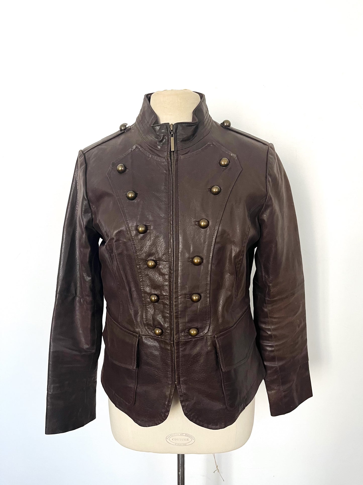 Veste vintage en cuir véritable marron style officier – Taille 40