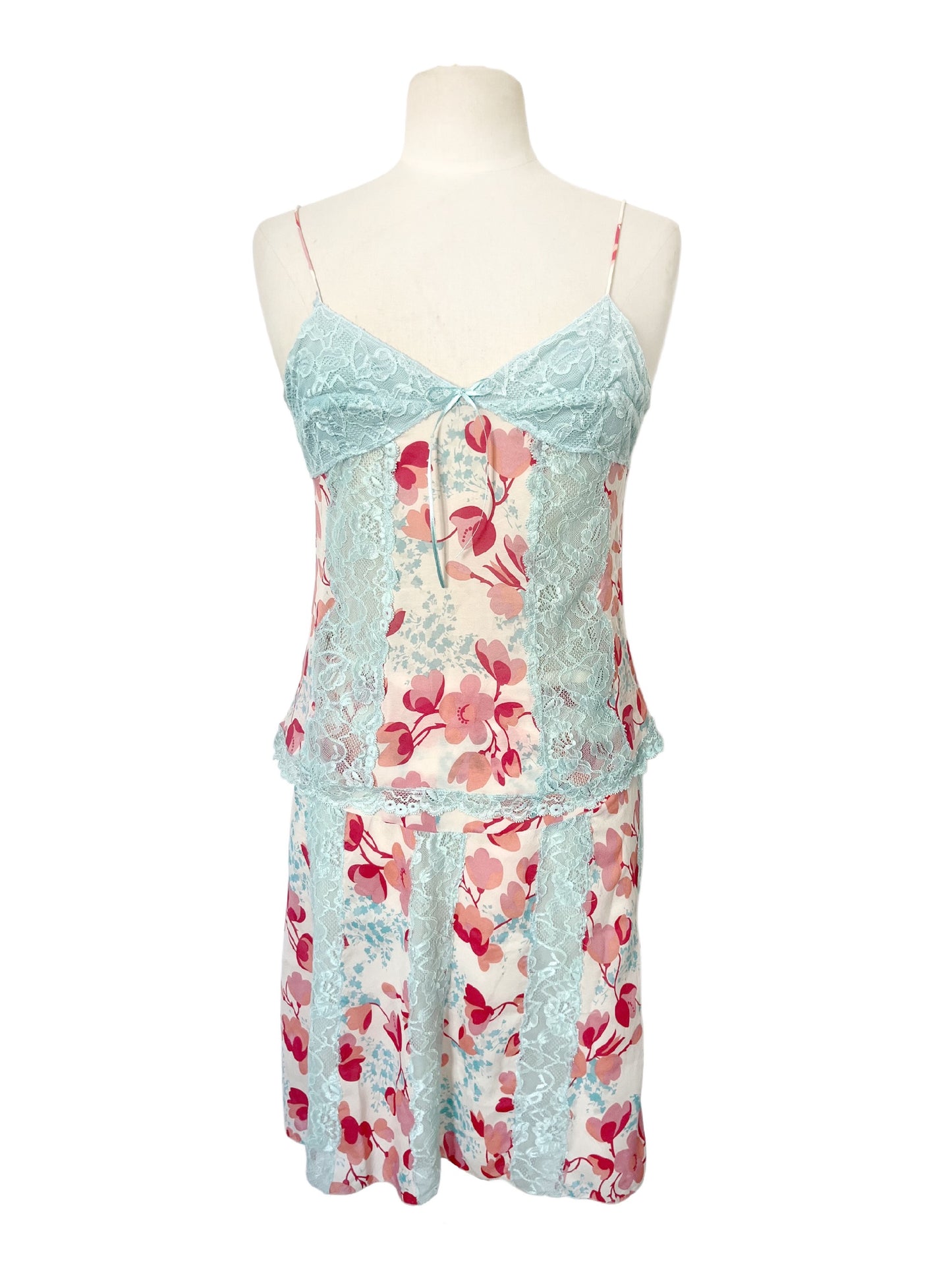 Ensemble Coordonné PINKO Esprit Lingerie en Soie & Dentelle Bleu Pastel — Top Caraco + Jupe Fleuries — taille 38/40 — Coquette / Boudoir Chic / Y2K
