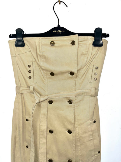 Robe bustier vintage beige – mi-longue, ceinture intégrée, détails dorés – T36