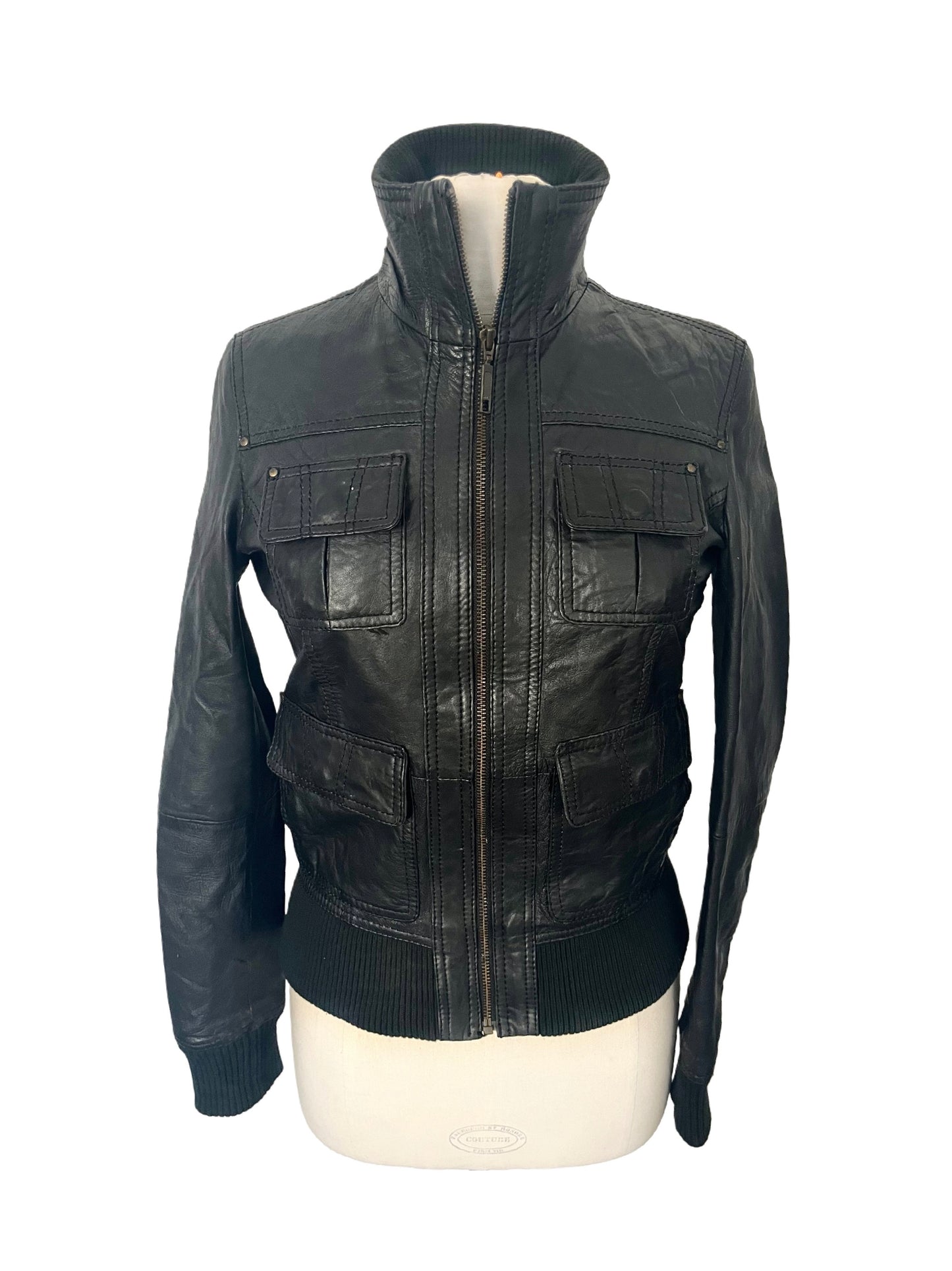 ASHLEY - Blouson vintage en cuir véritable noir – Taille 38
